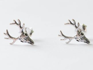 925 Sterling Silver Deer Skull with Antlers Post Earrings ( 1 pair)