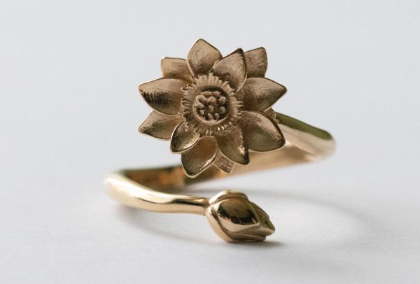 Bronze Waterlily Adjustable Ring - July Birth Flower