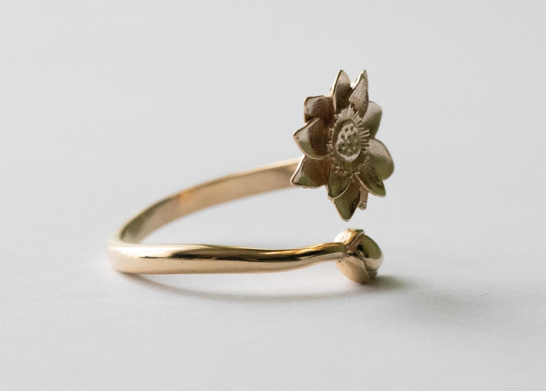 Bronze Waterlily Adjustable Ring - July Birth Flower - Image 2