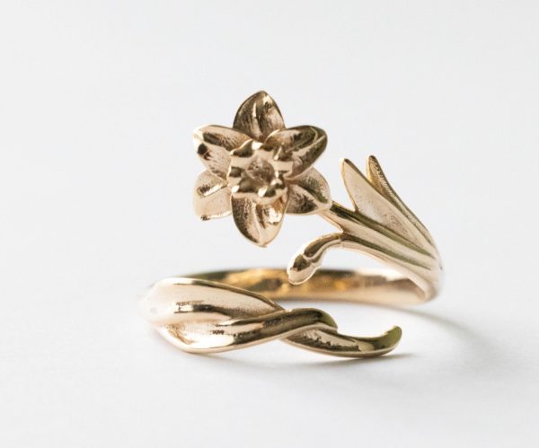 Bronze Adjustable Daffodil Ring - March Birth Flower