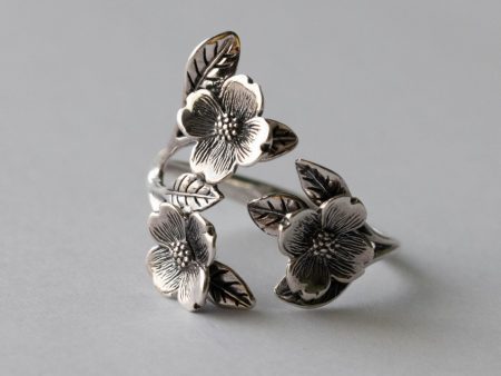 925 Sterling Silver Dogwood Flower and Leaf Adjustable Ring
