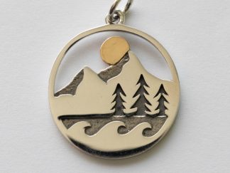 925 Sterling Silver Mountain Trees and Waves Pendant