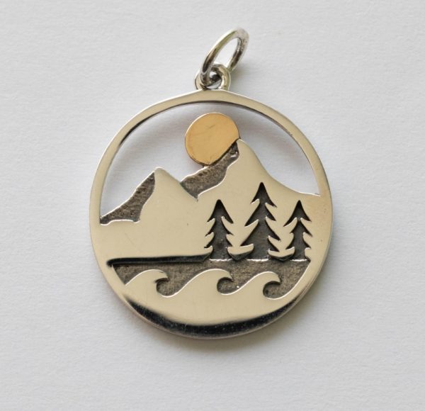 925 Sterling Silver Mountain Trees and Waves Pendant