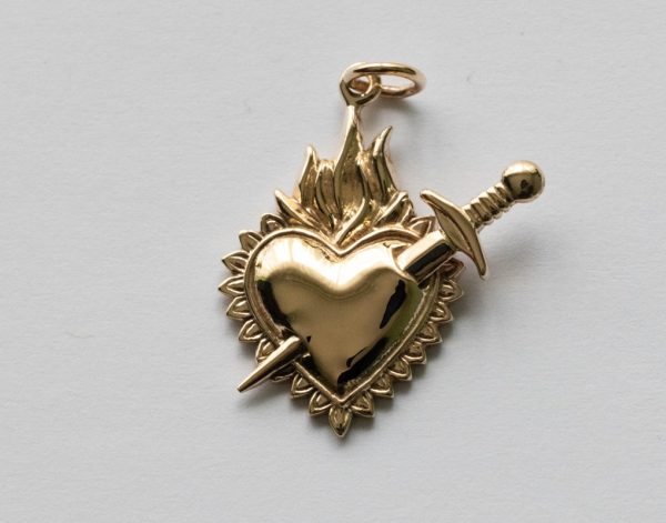 Bronze Flaming Heart with Sword Pendant