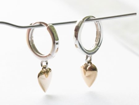 925 Sterling Silver Huggie Hoops with Bronze Heart Dangle ( 1 pair)
