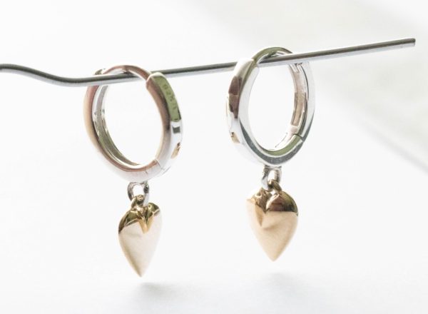 925 Sterling Silver Huggie Hoops with Bronze Heart Dangle ( 1 pair)
