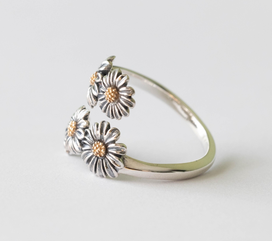 925 Sterling Silver and Bronze Daisy Adjustable Ring - Image 2