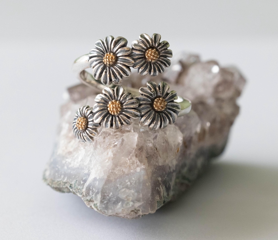 925 Sterling Silver and Bronze Daisy Adjustable Ring - Image 4