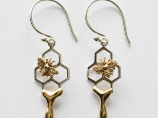 925 Sterling Silver Honeycomb with Bronze Honey and Bee Earring ( 1 pair)