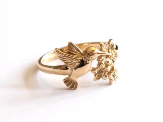 Bronze Hummingbird and Flower Ring