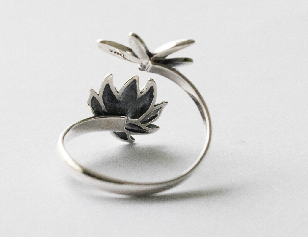 925 Sterling Silver Dragonfly and Lotus Adjustable Ring - Image 2