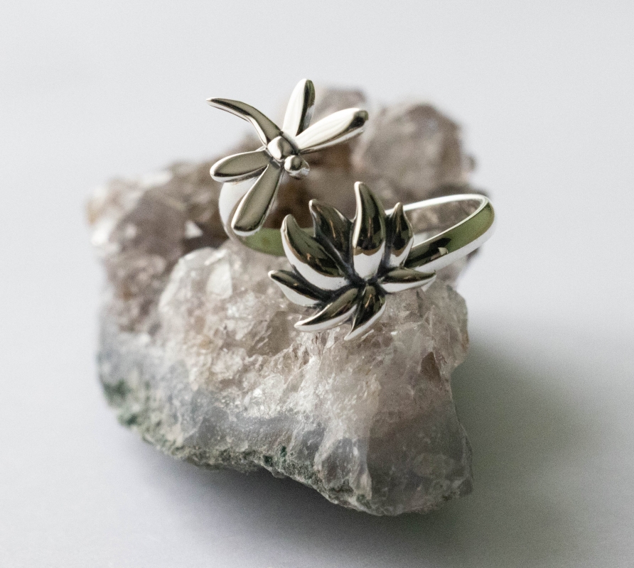 925 Sterling Silver Dragonfly and Lotus Adjustable Ring - Image 3