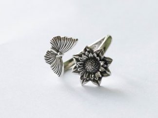 925 Sterling Silver Dahlia and Butterfly Adjustable Ring