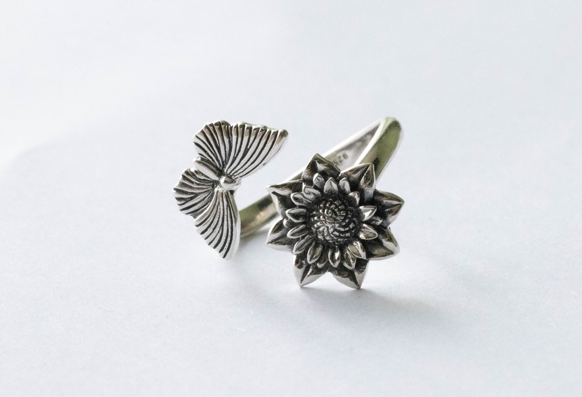 925 Sterling Silver Dahlia and Butterfly Adjustable Ring