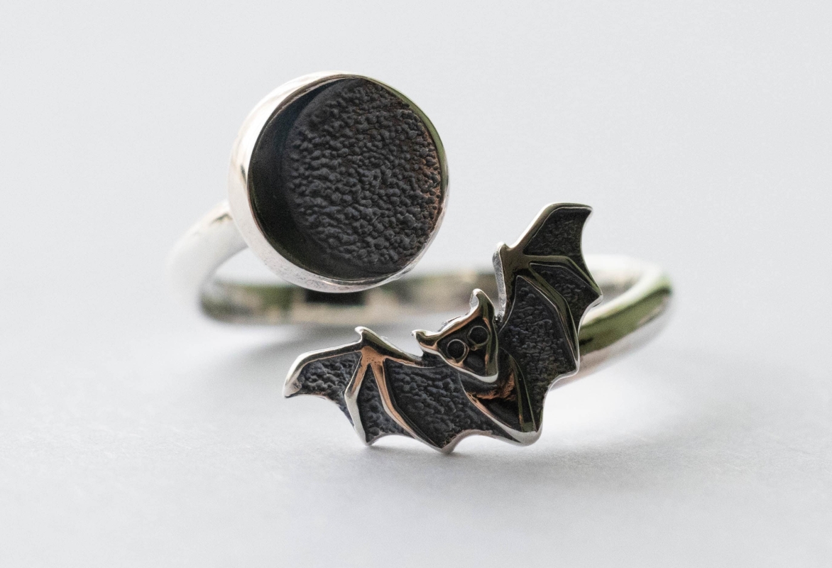 925 Sterling Silver Moon and Bat Adjustable Ring