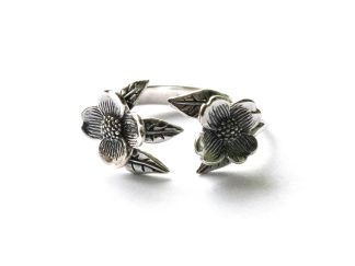 925 Sterling Silver Two Dogwood Flower Adjustable Ring