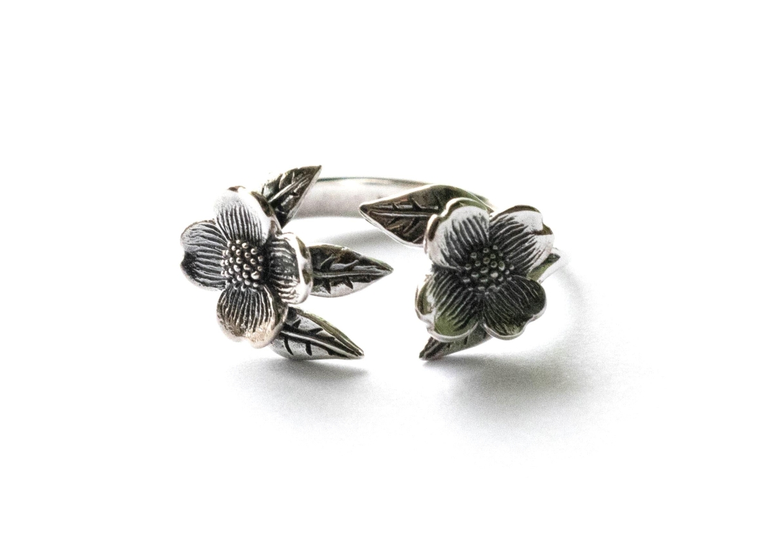 925 Sterling Silver Two Dogwood Flower Adjustable Ring