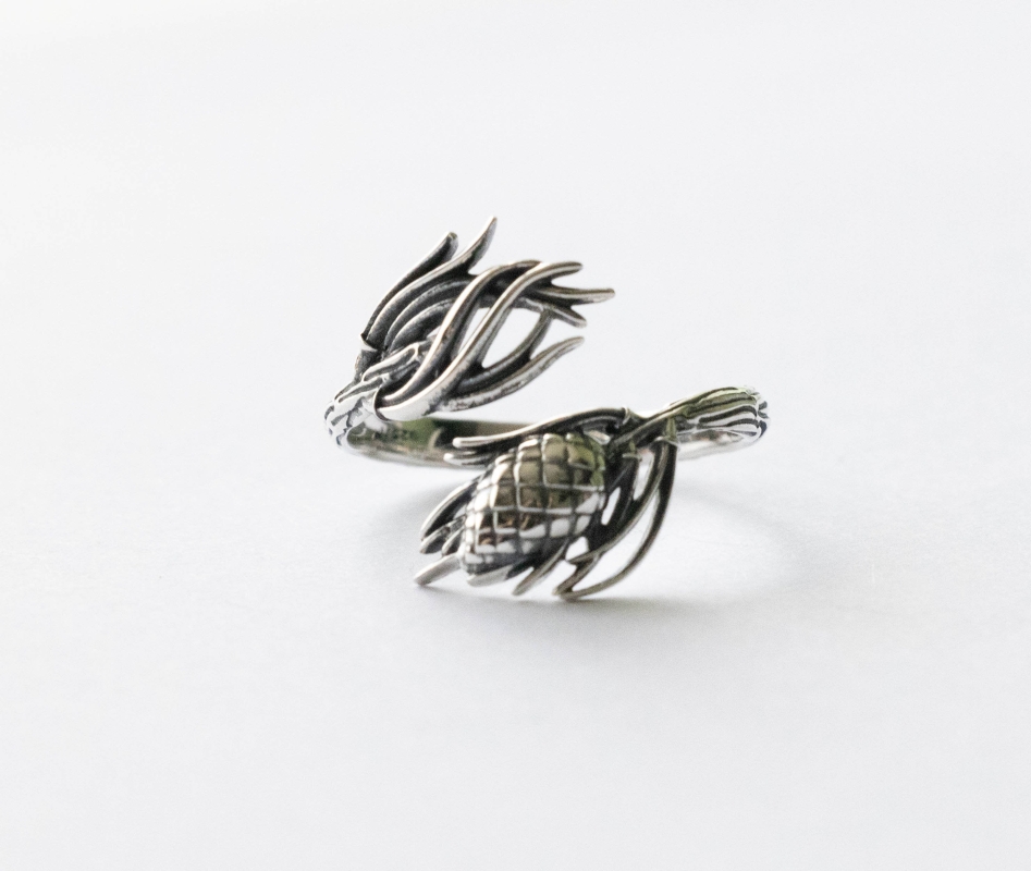 925 Sterling Silver Pinecone and Needles Adjustable Ring