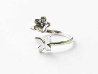 925 Sterling Silver Butterfly and Flower Adjustable Ring