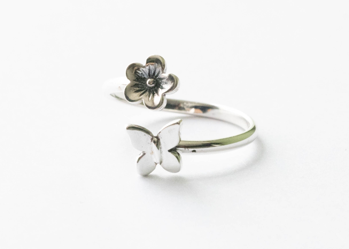 925 Sterling Silver Butterfly and Flower Adjustable Ring