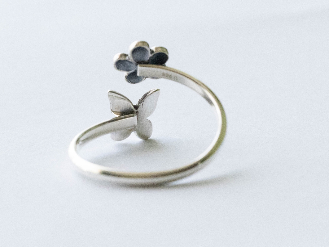 925 Sterling Silver Butterfly and Flower Adjustable Ring - Image 2