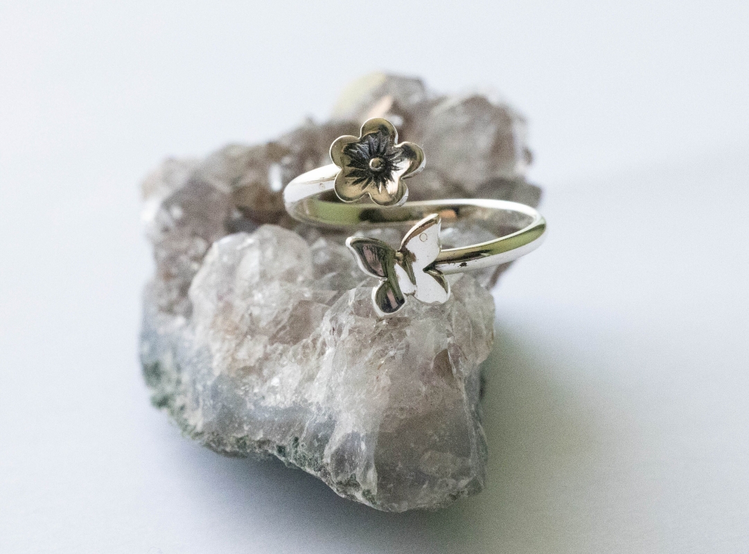 925 Sterling Silver Butterfly and Flower Adjustable Ring - Image 3