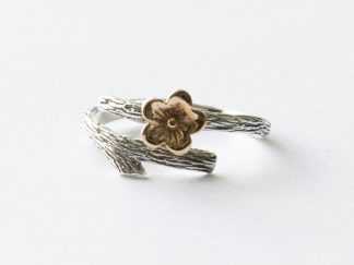 925 Sterling Silver Branch with Bronze Cherry Blossom Adjustable Ring