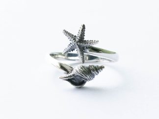925 Sterling Silver Starfish and Conch Shell Adjustable Ring