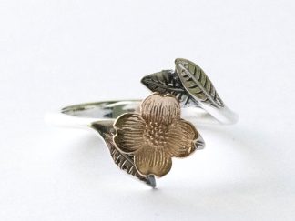 925 Sterling Silver and Bronze Dogwood Flower and Leaves Adjustable Ring