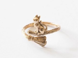 Bronze Cat on Broomstick Adjustable Ring