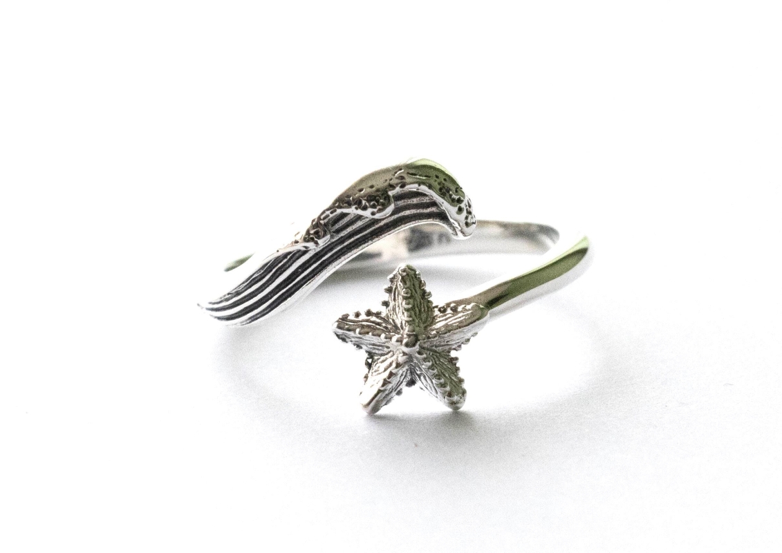 925 Sterling Silver Wave and Starfish Adjustable Ring